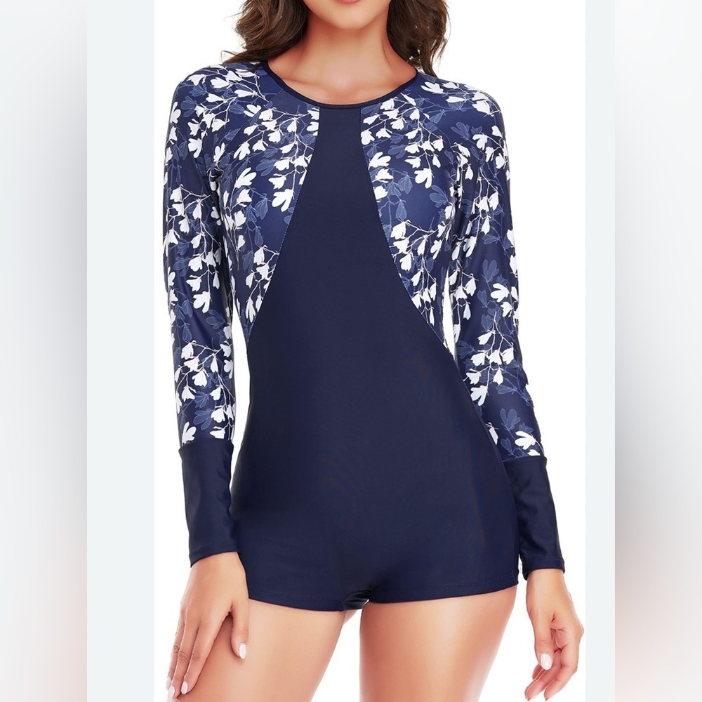 Swimall Swimsuit One Piece Long Sleeve Rash Guard Women’s XXL Navy F Boyshort